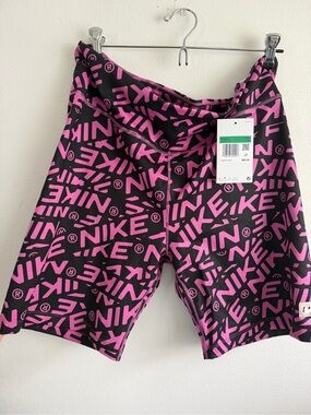 Nike Women's Black Bike Shorts with Pink Logo Print